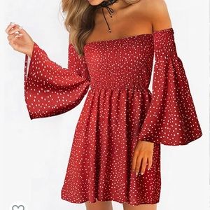 Off Shoulder Red Polka Dot Mini Dress